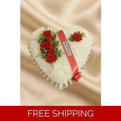 Red and White Heart Funeral Tribute with 'Mother' Ribbon – Artificial Flowers